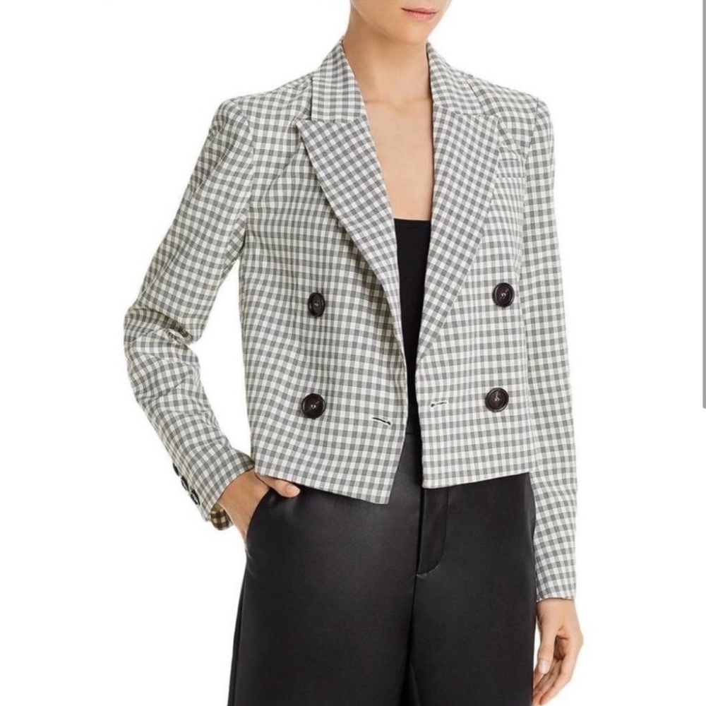 Lucy Paris Cropped Gingham Double-Breasted Blazer - Gray & White